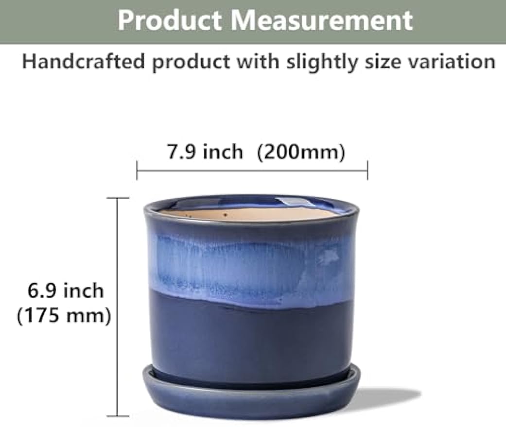 8 Inch Plant Pot: Ceramic Planter with Drainage Hole & Saucer - Gradient Blue Flowerpot for Indoor & Outdoor Plants with Separate Tray