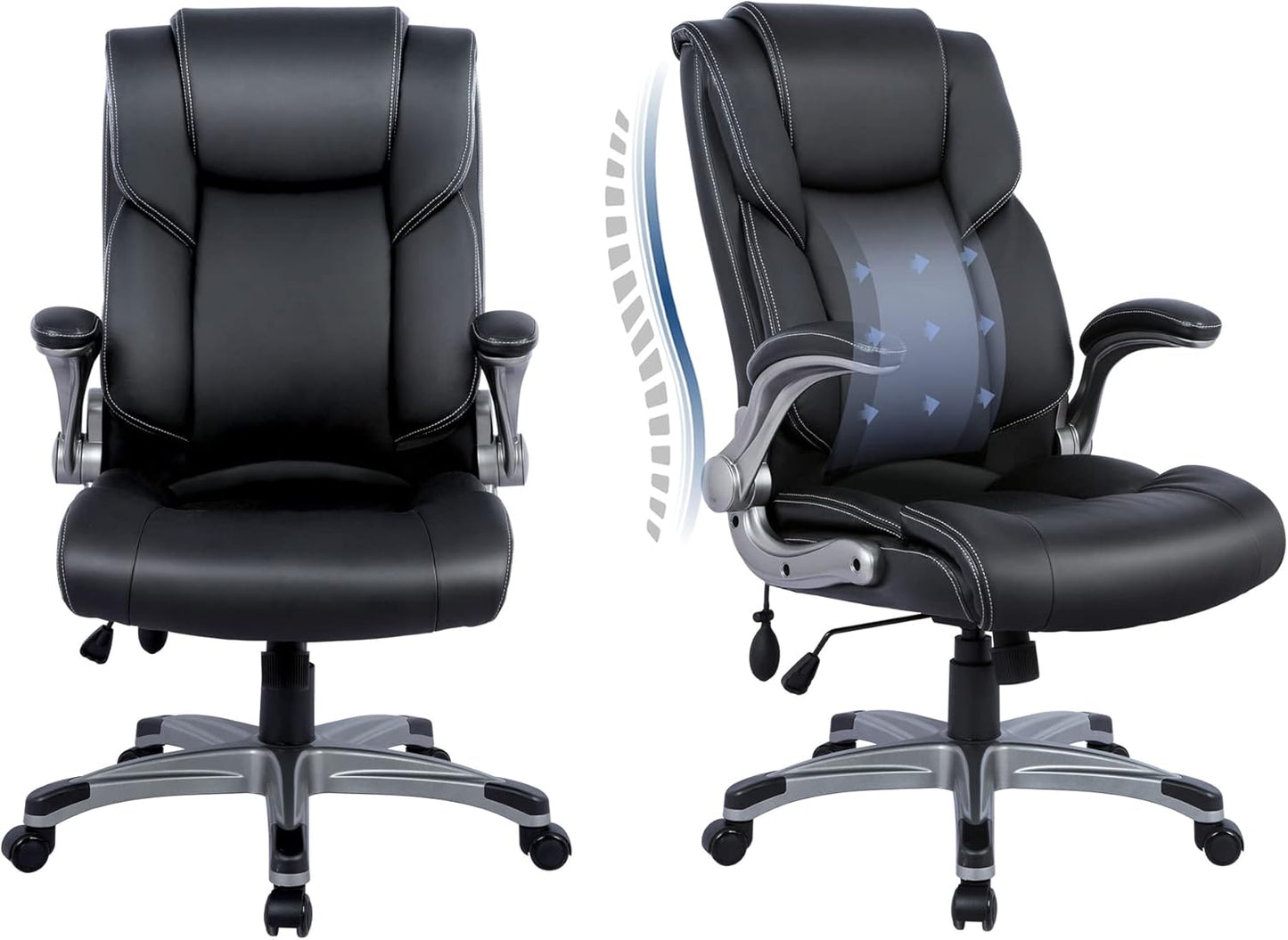 COLAMY High Back Executive Office Chair- Ergonomic Home Computer Desk Leather Chair with Padded Flip-up Arms, Adjustable Tilt Lock, Swivel Rolling Chair for Adult Working Study-Black