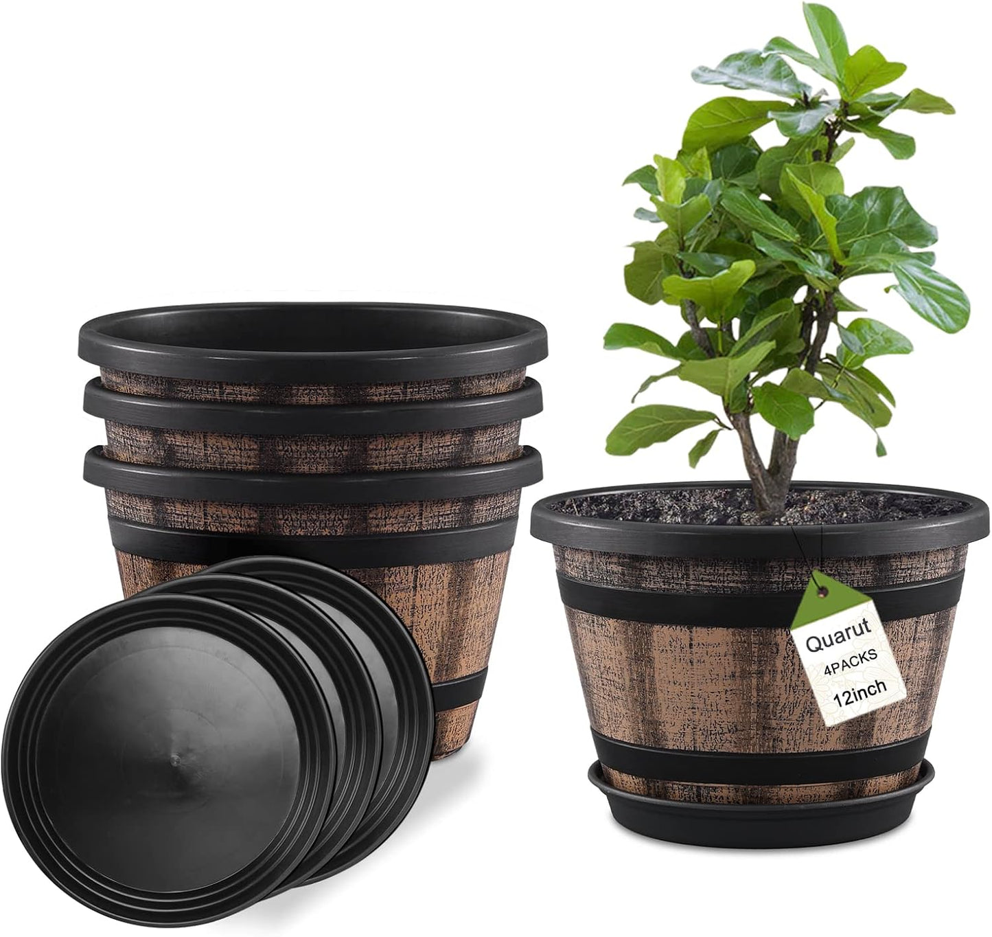 Quarut Large Plastic 4 Pack14 inch Plant Pots,Whiskey Barrel Planters with Drainage Holes & Saucer.Flower Pots Imitation Wine Barrel Design for Indoor & Outdoor Garden Balcony Plants.5 Gallons(Brown)