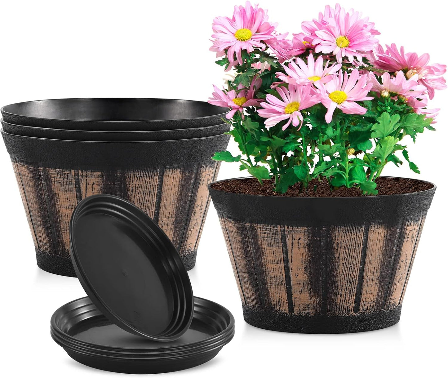 Quarut Large Plastic 4 Pack14 inch Plant Pots,Whiskey Barrel Planters with Drainage Holes & Saucer.Flower Pots Imitation Wine Barrel Design for Indoor & Outdoor Garden Balcony Plants.5 Gallons(Brown)