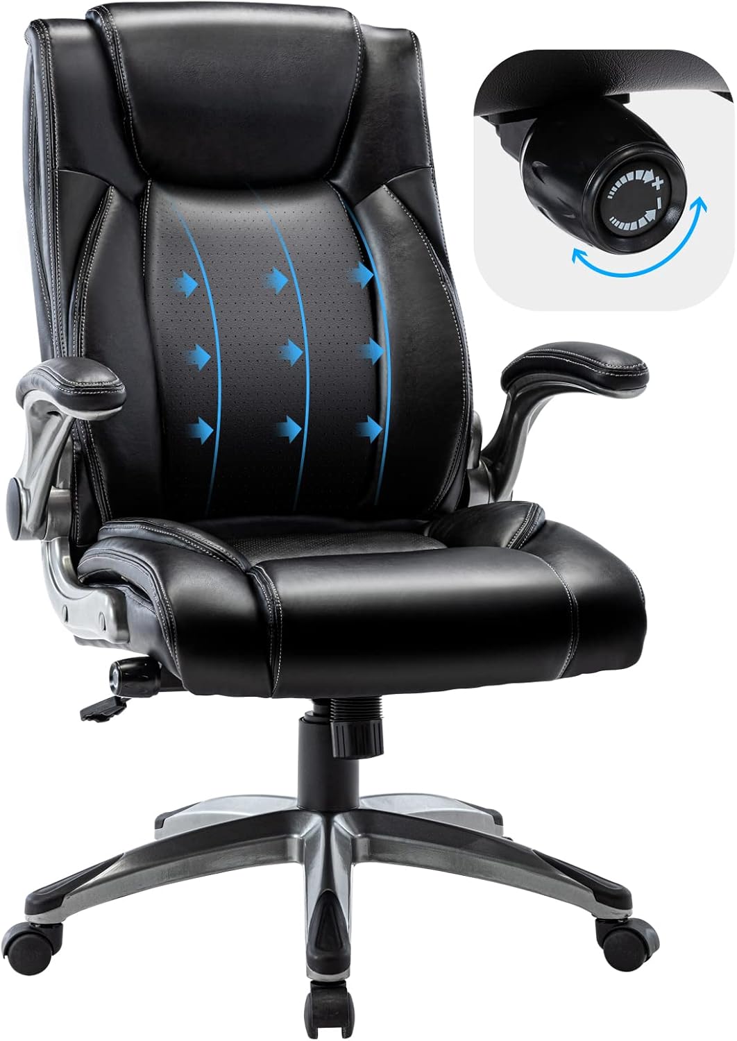 COLAMY High Back Executive Office Chair- Ergonomic Home Computer Desk Leather Chair with Padded Flip-up Arms, Adjustable Tilt Lock, Swivel Rolling Chair for Adult Working Study-Black