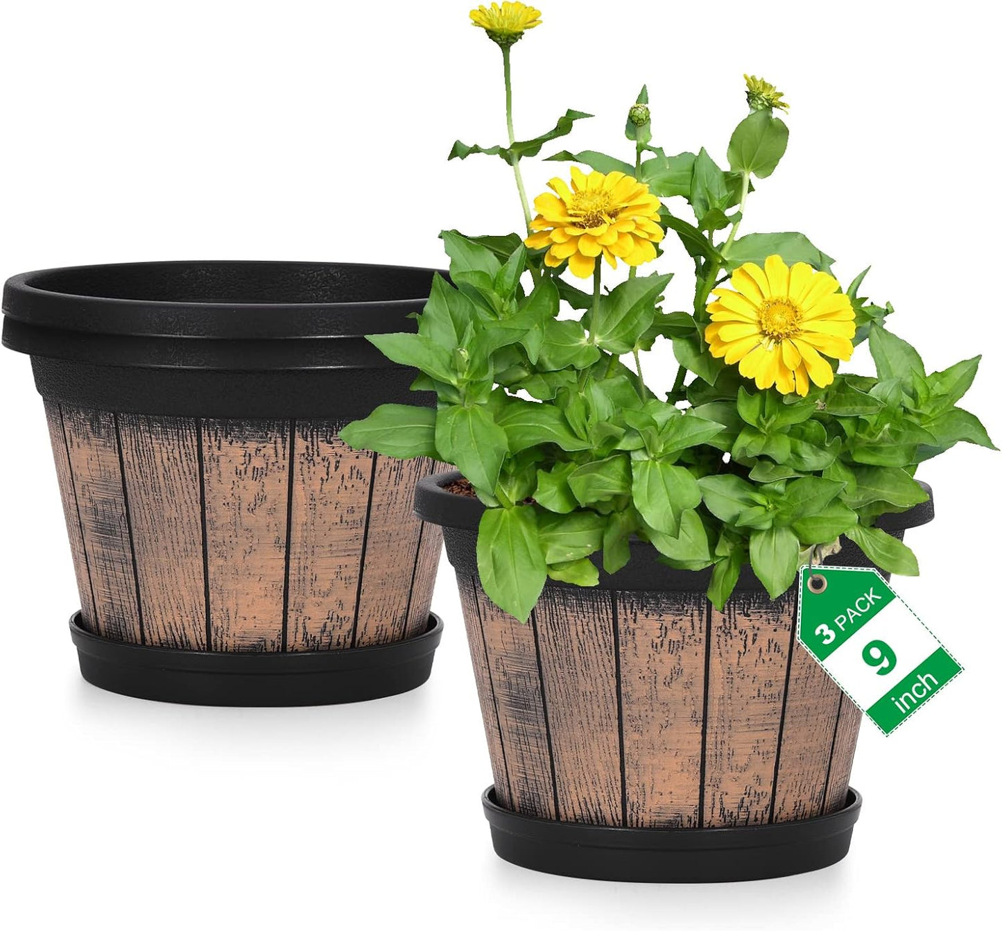 Quarut Large Plastic 4 Pack14 inch Plant Pots,Whiskey Barrel Planters with Drainage Holes & Saucer.Flower Pots Imitation Wine Barrel Design for Indoor & Outdoor Garden Balcony Plants.5 Gallons(Brown)