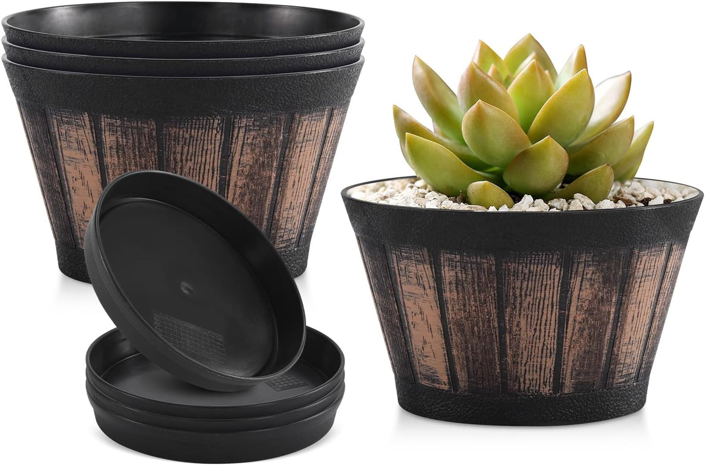 Quarut Large Plastic 4 Pack14 inch Plant Pots,Whiskey Barrel Planters with Drainage Holes & Saucer.Flower Pots Imitation Wine Barrel Design for Indoor & Outdoor Garden Balcony Plants.5 Gallons(Brown)