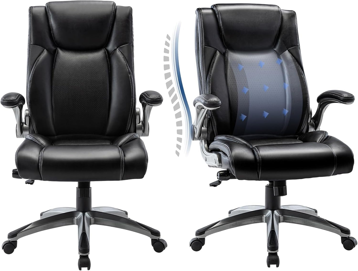 COLAMY High Back Executive Office Chair- Ergonomic Home Computer Desk Leather Chair with Padded Flip-up Arms, Adjustable Tilt Lock, Swivel Rolling Chair for Adult Working Study-Black