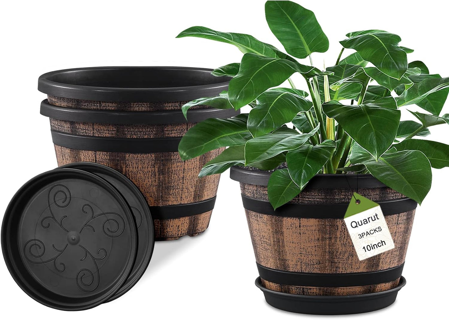 Quarut Large Plastic 4 Pack14 inch Plant Pots,Whiskey Barrel Planters with Drainage Holes & Saucer.Flower Pots Imitation Wine Barrel Design for Indoor & Outdoor Garden Balcony Plants.5 Gallons(Brown)