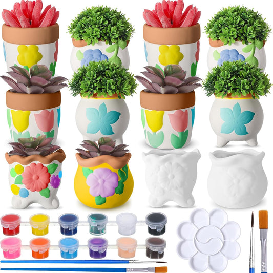 Hushee 12 Pcs DIY Ceramic Succulent Pots with Paints Paintbrushes, Flowerpots Ceramic Paint Craft Kits for Mom Grandmother Birthday