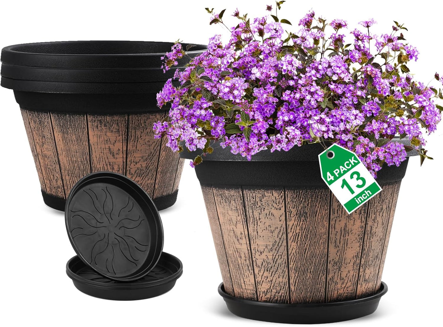 Quarut Large Plastic 4 Pack14 inch Plant Pots,Whiskey Barrel Planters with Drainage Holes & Saucer.Flower Pots Imitation Wine Barrel Design for Indoor & Outdoor Garden Balcony Plants.5 Gallons(Brown)