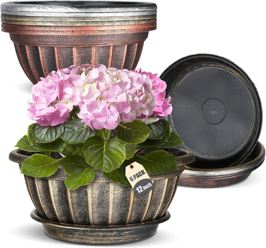 NIKONIKO Plant Flowerpot -6-Pack 12 inch Plastic Retro Flowerpot with Drain and Tray, Modern Decorative Medium-Sized Plant Garden, Suitable for Indoor and Outdoor use.