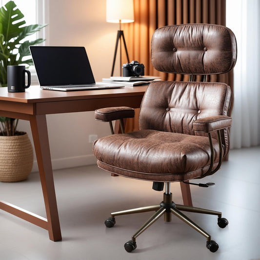 ovios Home Office Chair, Mid-Century Modern Faux Suede Leather Chair with Lumbar Support, High Back Ergonomic Swivel Rolling Executive Chair with Comfy Thick Cushion, Dark Brown