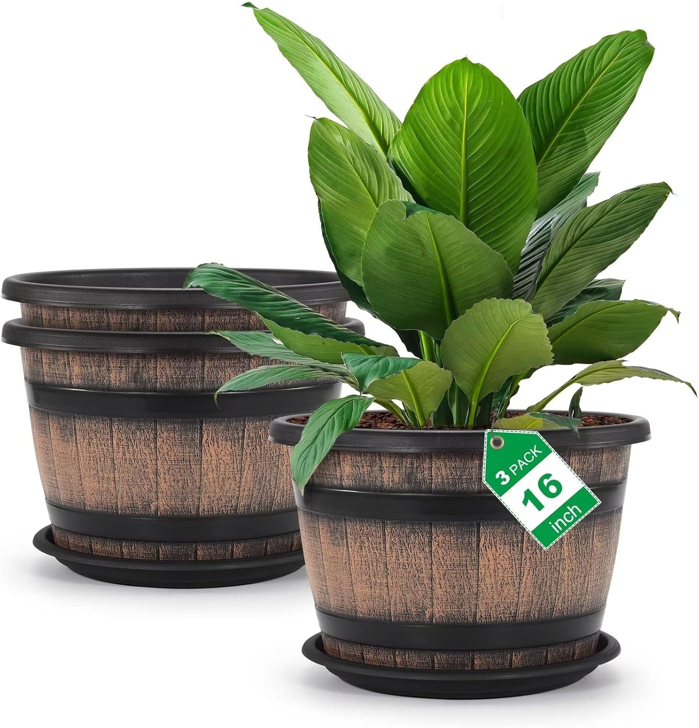 Quarut Large Plastic 4 Pack14 inch Plant Pots,Whiskey Barrel Planters with Drainage Holes & Saucer.Flower Pots Imitation Wine Barrel Design for Indoor & Outdoor Garden Balcony Plants.5 Gallons(Brown)